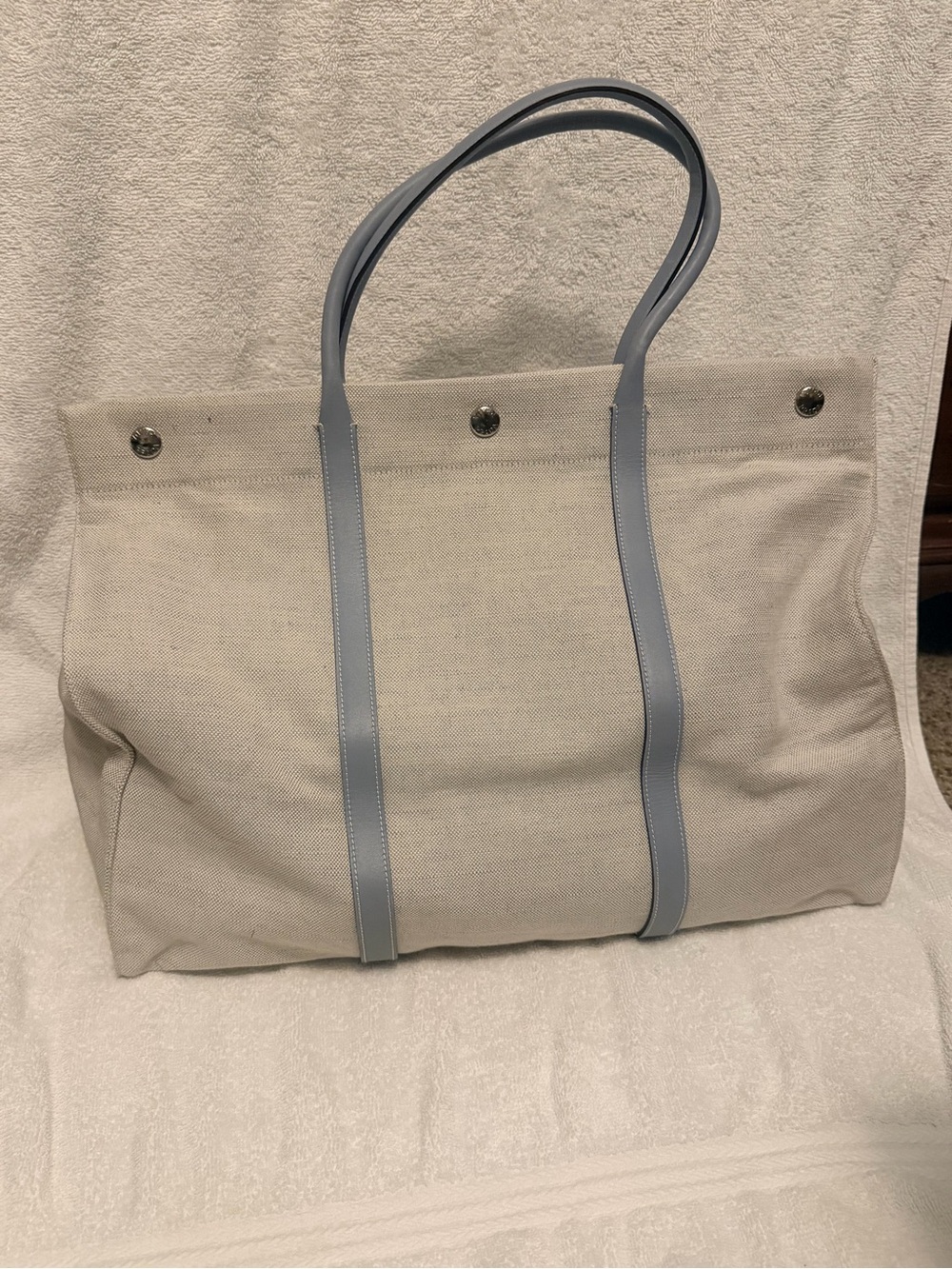 Prada Cream Canvas Tote with Light Blue Trim - Men Bags